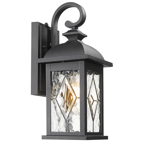 Image of FEMILA Dusk to Dawn Outdoor Front Porch Light, 15 inch Exterior Waterproof Wall Light Fixtures, Matte Black Finish with Hammered Glass, E26 Socket, 4FD54B-PC BK-SD