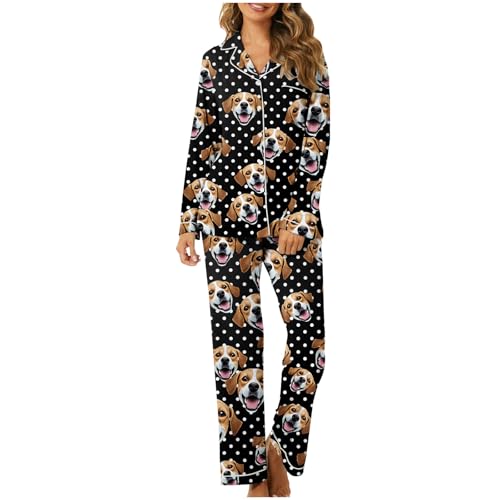 Custom Womens Pyjamas Photo Face Personalized Pjs Set Two Piece, Funny Loungewear Pjs, Long Sleeve Sleepwear, Personalised Pet Photo Face Pajamas Pants for Women Teenager Black