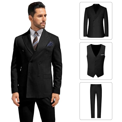 Mens Double Breasted Suits Men’s 3 Piece Slim Fit Black Suit for Men Business Wedding Tuxedo Solid Suit Blazer Vest Pants 4XL4