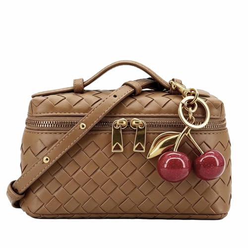 Image of Small Woven Box Crossbody Bags for Women Designer Leather Mini Top Handle Clutch Purse Square Vanity Bag with Cherry Charm