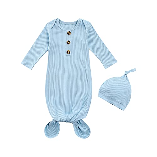 Image of Tsseiatte Newborn Baby Boy Girl Knotted Gowns Long Sleeve Printed Sleeping Bag Coming Home Outfit Nightgown Pajamas Hat Set(N-Blue,0-3 Months)