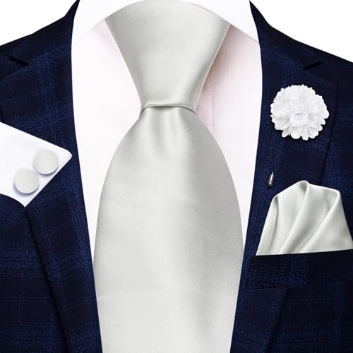 Image of Hi-Tie Men Silk Ties Set with Flower Lapel Pin Necktie Pocket Square Cufflinks for Tuxedo Wedding Business