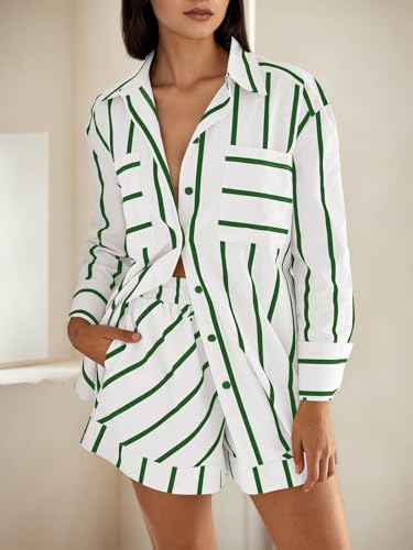 Image of Tankaneo Womens Striped 2 Piece Outfits Button Down Shirts and Shorts Lounge Matching Sets