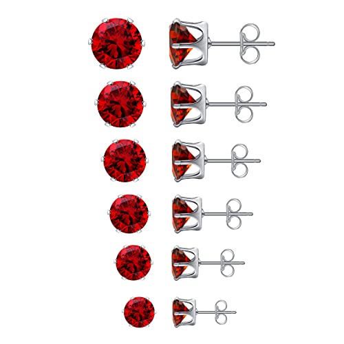 6 Pairs Stud Earrings Set,Clear Cubic Zirconia 316L Stainless Steel Earrings For Women For Men 3-8Mm (Ruby) #TOP29