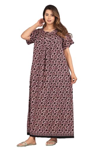 Image of Kuruti B Sheets Cotton Nighty for Women Jaipuri Print 2 Button Round Neck Short Sleeve Night Gown | Maxi Dress