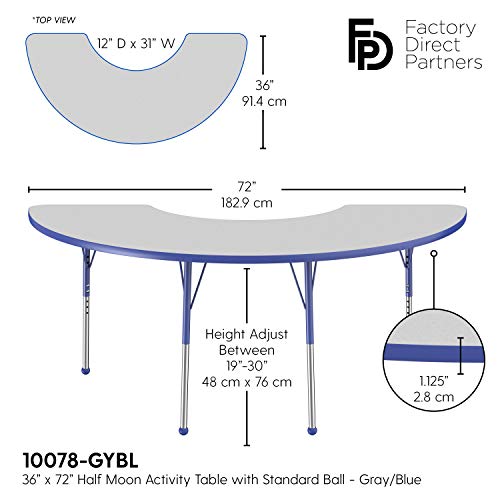 Image of FDP Half Moon Activity School and Office Table (36 x 72 inch), Standard Legs with Ball Glides for Collaborative Seating Environments, Adjustable Height 19-30 inches - Gray Top and Blue Edge
