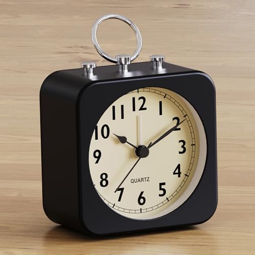 Image of AYRELY Small Metal Alarm Clock, Desk and Table Clock for Travel | Battery Operated Retro Silent Clock with Light for Bedroom, Bedside, Shelf and Living Room Decor (Black)