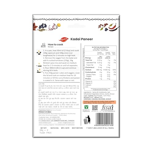Image of Nimkish Kadai Paneer Masala 60g | Ready to Cook Spice Mix, Complete Premix | Spices Herbs Tomato Powder Onion Powder Garlic Dry Masala Mix Kitchen Pack