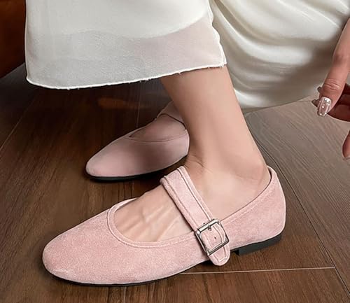 Niction Mary Jane Flats Dress Shoes for Women Suede Round Toe Slip on Ballet Flats Shoes Buckle Adjustable Strap for Work Office Casual3