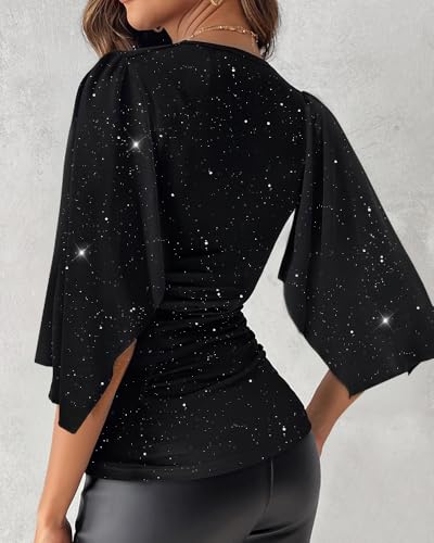 Womens Sequin V Neck Bell Sleeve Shirt Ruched Waist Asymmetrical Glitter Top for Party Club Office Streetwear2