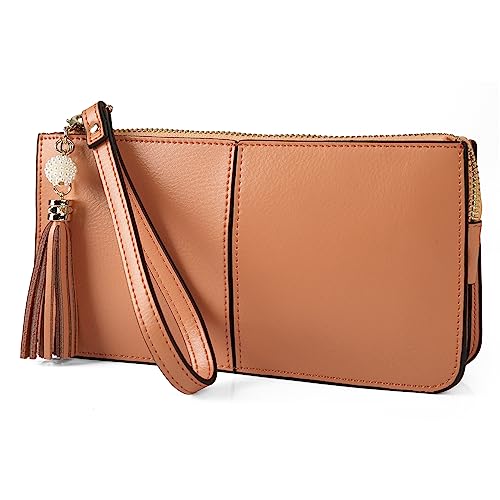 Petite pochette multi-poches en cuir véritable orange pour femme