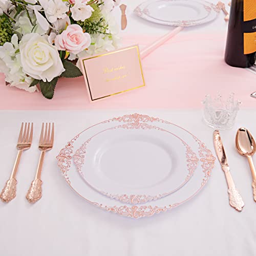 Liacere 60 Pack Rose Gold Plastic Plates - Baroque Rose Gold Disposable Plates Include 30Pcs 10.25Inch Rose Gold Dinner Plates, 30Pcs 7.5Inch Rose Gold Dessert Plates For Wedding & Party #TOP2
