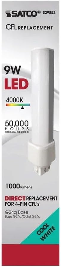 Satco S29852 9W LED PL 4-Pin; 4000K; 1000 Lumens; G24q Base; 10 Bulbs California Compliant Replaces S9852