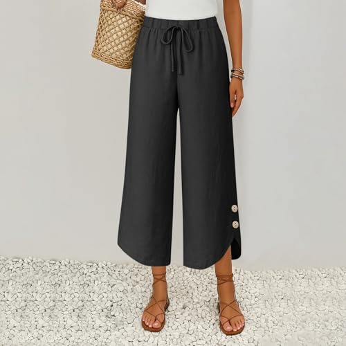Cropped Linen Pants Women Cute Summer Comfy Loose Drawstring Elastic High Waisted Wide Leg Lounge Pants with Pockets2