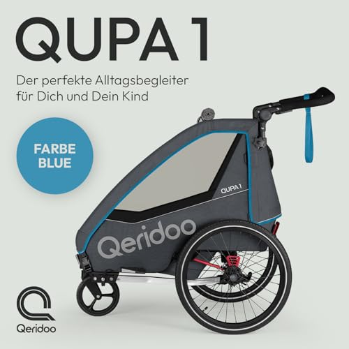 Qeridoo QUPA 1 Blue | Fahrradanhänger 1 Kind | Kinder Fahrradanhänger mit Blattfederung & Handparkbremse | Jogger Kinderwagen | Kinderfahrradanhänger | Kinderbuggy | Fahrrad Anhänger Kinder