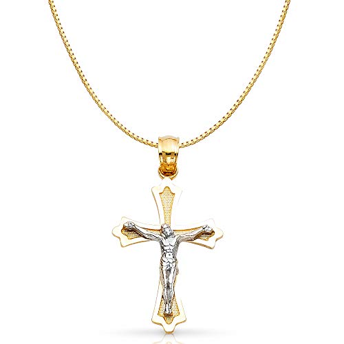 Ioka 14K Two Tone Gold Jesus Crucifix Cross Religious Charm Pendant With 0.6Mm Box Chain Necklace - 20" #TOP4