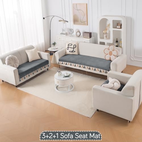 Image of HOKIPO Holland Velvet Sofa Cover Mat for 6 Seater (3+2+1) with Tassel | 'TasselTone Series' | Graphite Grey (IN-1108+1106+1104-DGRY)