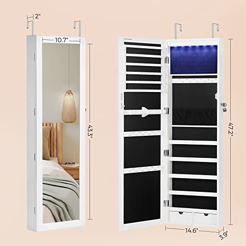 Songmics 6 Leds Mirror Jewelry Cabinet, 47.2"H Lockable Wall/Door Mounted Jewelry Armoire Organizer With Mirror, 2 Drawers, White Ujjc93W #TOP5