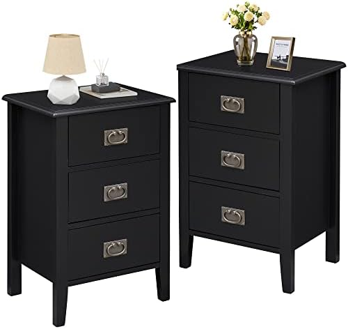 VECELO Nightstands Set of 2 End/Side Tables Living Room Bedroom Bedside, Vintage Accent Furniture Small Space, Solid Wood Legs, Three Drawers, Black