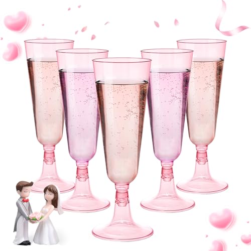 GuanQiao 40 Pack Pink Plastic Champagne Flutes, 5.5 Oz Clear Disposable Plastic Champagne Glasses, Wine Glasses Cups for Valentines Wedding Celebration Birthday Party New Years Eve Supplies