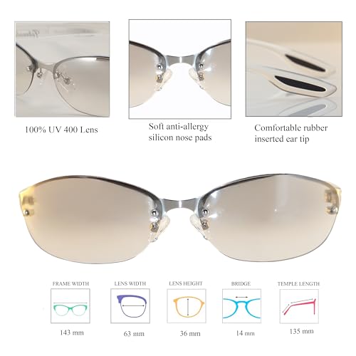 FBL Semi-Rimless Clear Smoke Sunglasses - Wrap Around, UV400, 63mm Lens, Adjustable Nose Pads