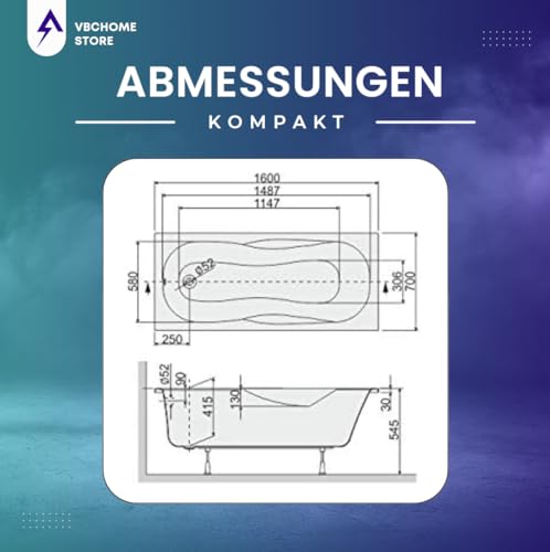 VBChome Badewanne 160x70x41 cm Acryl SET Rechteckwanne, Styroporträger, Siphon, Ablaufgarnitur Chrom, Modernes Design, Weiß, Robustes Material, Komfortable Badewanne, Einfache Montage, Zeitloser Stil