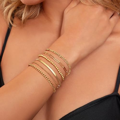 Luxval Gold Bracelets for Women 18K Gold Plated Stack Bracelet Jewelry Beaded/Paperclip/Satellite/Figaro/Snake/Cuban Link chain Bracelets Fashion Jewelry Accessories Gifts for Women Girls3