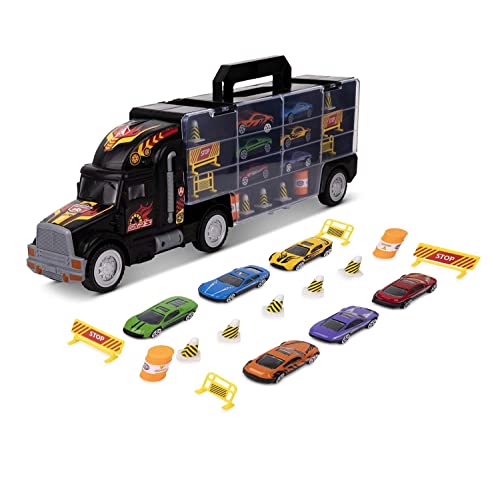 Playee Transport Car Carrier Truck Toy - 6 Wheeler Monster Truck Loaded with Semi-Metal Hotwheels Cars Road Signs Oil Barrels & Crones Both Side Storage - Ideal Gift for Kids
