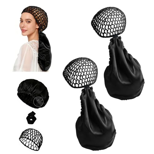 2PCS 2-in-1 Wrap Cap Bonnet Reversible Adjustable Tie Band - Detachable Reversible Adjustable Sleep Cap for Curly Natural Braided Hair (Includes 3 tie Clips) Double Layered Silk Press Hair Wrap