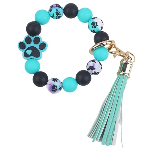 Jesemiah Braccialetto portachiavi con perline a forma di zampa con nappa, in silicone, da polso, portachiavi da polso, per chiavi dell'auto da donna, Turchese, taglia unica