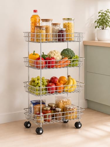Image of Stainless Steel Kitchen Storage Trolley, 4-Layer Folding Perforated Rack with Wheels, Fruit, Vegetable, Spice and Pantry Organizer, Space-Saving Cart, 30 kg Capacity