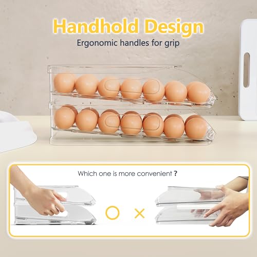 Egg Holder for Fridge, Automatic Steady Rolling Egg Container with Soft Bumpers & Handle for Refrigerator, Stackable Fridge Organizers and Storage with Lid - Image 5