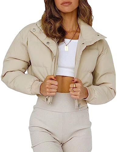Gihuo Women' S Cropped Puffer Jacket Padded Long Sleeve Coat(Beige-M) #TOP21