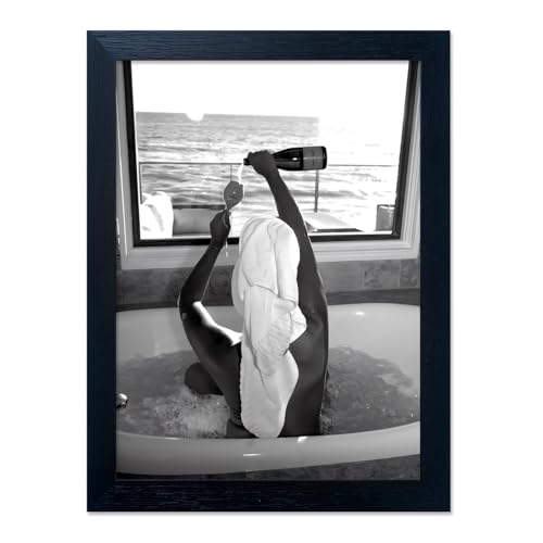 Black Framed Woman Drinking Wine in Bathtub Canvas Print Black