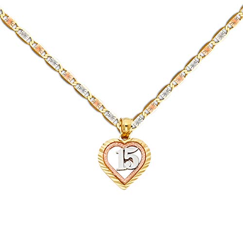 TGDJ 14K Tri Color Gold Sweet 15 Years Quinceanera Heart Charm Pendant with 1.5mm Valentino Chain | 14K Gold Necklace Chain with Pendant | Spring-Ring Clasp Pattern Unisex Real Gold Chain