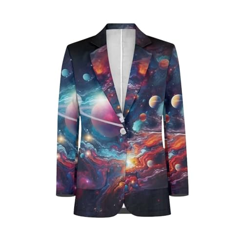 NRBEAWD Men's Slim One Button Long Sleeve Blazer Single Breasted Polyester Lightweight Blazer Universe Planet Blazers Jacket Sport Coat for Business Party