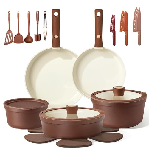 CAROTE 29pcs Ceramic Cookware Set with Kitchen Essentials, Detachable Pots and Pans Set Non Stick, Non Toxic Oven/Dishwasher Safe, Induction Cooking, Gift Set, Includes Knife/Utensil Set