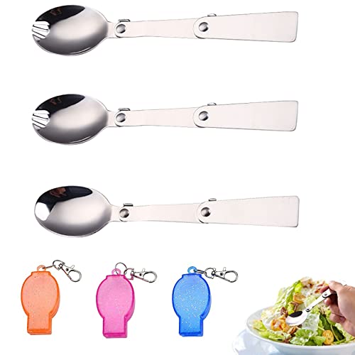 WTpin 3 Stück Faltbare Löffel, Faltbare Edelstahl-Löffel, mit Haken Aufbewahrungs Box Campingbesteck für Outdoor-Aktivitäten Büroangestellte Usw Cover