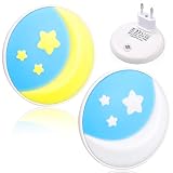 SOSPIRO 2 Stück Nachtlicht Steckdose mit Dämmerungssensor,Einstellbar Warmweiß LED Lampe Kind,Babyzimmer Stilllicht Automatisches Dimmbar,Nachtlicht Mond Sterne für Schlafzimmer Treppenhaus Flur