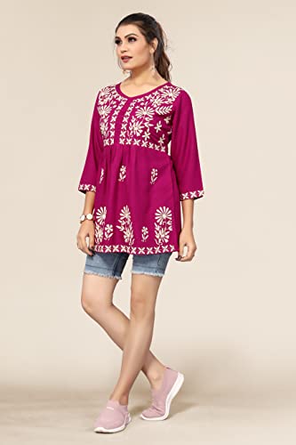 Image of Winza Designer Rayon Chikankari Embroidered Short Kurti | Plus Size Kurta Tunic Top