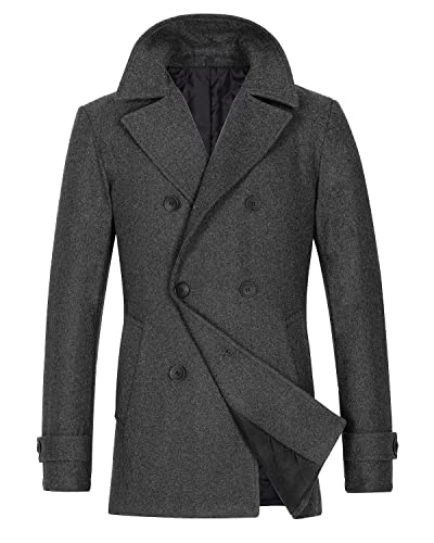 Image of Lisskolo Men's Wool Blend Pea Coat Warm Double Breasted Casual Trench Coat