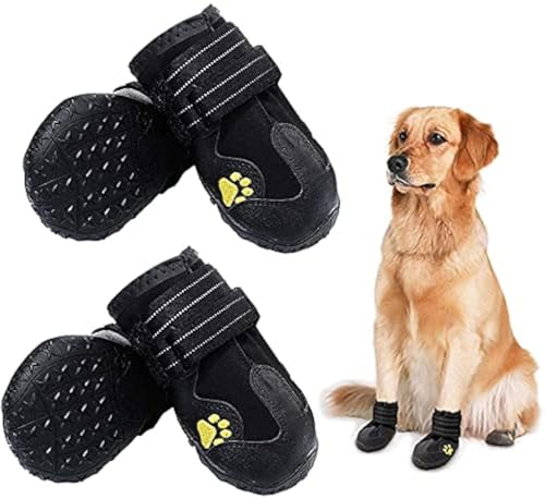 HuaTek Hundestiefel, wasserdichte Stiefel für Hunde, Hundeschuhe mit Rutschfester Sohle, reflektierende Riemen, Outdoor-Hundeschuhe für mittelgroße und große Hunde (schwarz, 4 Stück)