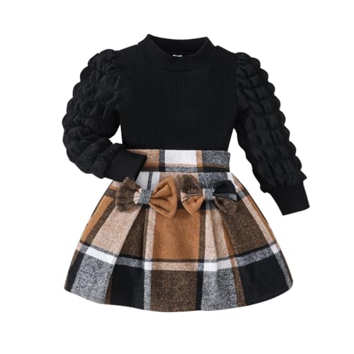 Image of Noubeau Toddler Girls Plaid Outfits Girls Puff Sleeve Knit Ribbed Shirt Tops Plaid Skirt Set Kids Fall Winter Clothes