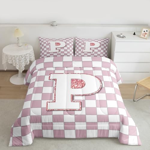 Image of Erosebridal Pink Initial P Comforter Set Full Kawaii Plaid Checkered Bedding Set Cute Personalized Monogram Comforter for Kids Girls Teen Women,Fashion Grids Gingham Quilt Duvet