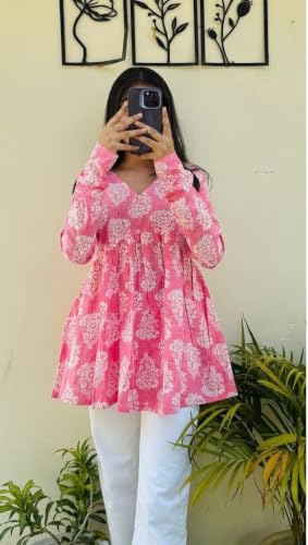 Image of Women's V Neck Short Kurti for Women | Floral Printed Cotton Blend Kurti | Full Sleeve Flared Tunic Top | Casual Ethnic Kurta Top for Women | Stylish Kurti with Jeans