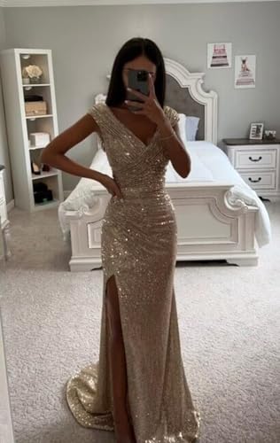 Women's Sparkly Sequins Prom Dress Cap Sleeves Mermaid Long Formal Evening Ball Gown with Split Wedding Guest Gowns4