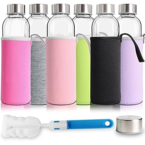 YEBODA Glass Water Bottles 18oz Bottles For Beverage and Juicer Use Stainless Steel Caps - Including Colorful Nylon Protection Sleeve,Pack Of 6 Cover