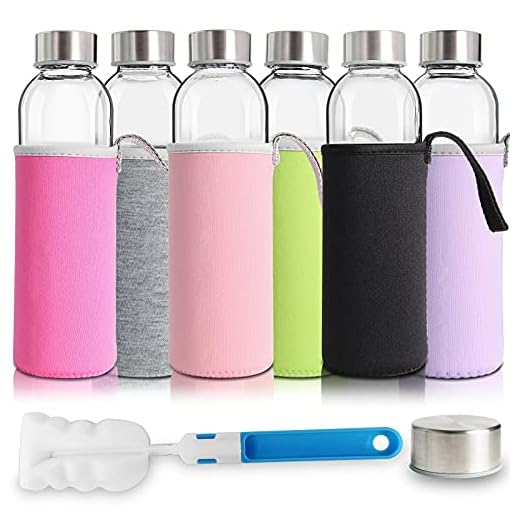 YEBODA Glass Water Bottles 18oz Bottles For Beverage and Juicer Use Stainless Steel Caps - Including Colorful Nylon Protection Sleeve,Pack Of 6