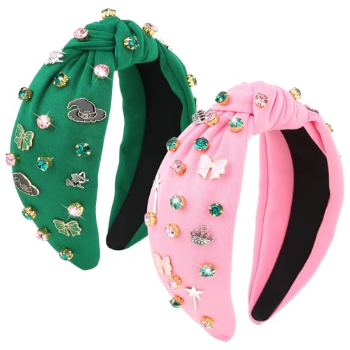 YARIEW Witch Headbands for Women Pink and Green Knotted Headbands with Crown Magic Wand Witch Theme Birthday Party Decorations Rhinestone Twisted Knot Costume Photo Booth Props