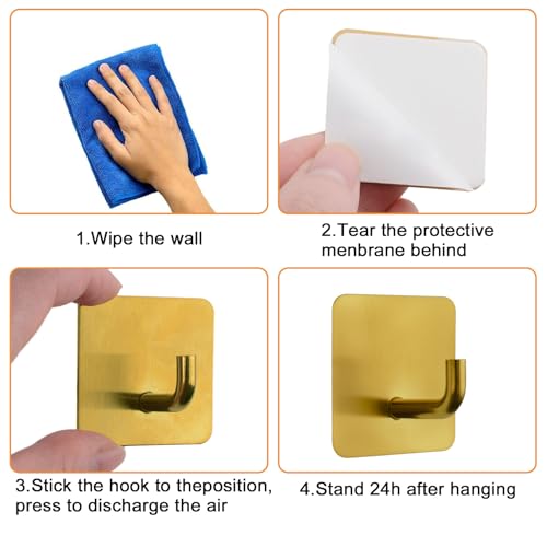 MOROBOR Klebehaken, 4Pcs Gold Heavy Duty Wandhaken Edelstahl Handtuchhalter Schlüsselhalter Wasserdichte Dusche Wall Stick on Haken